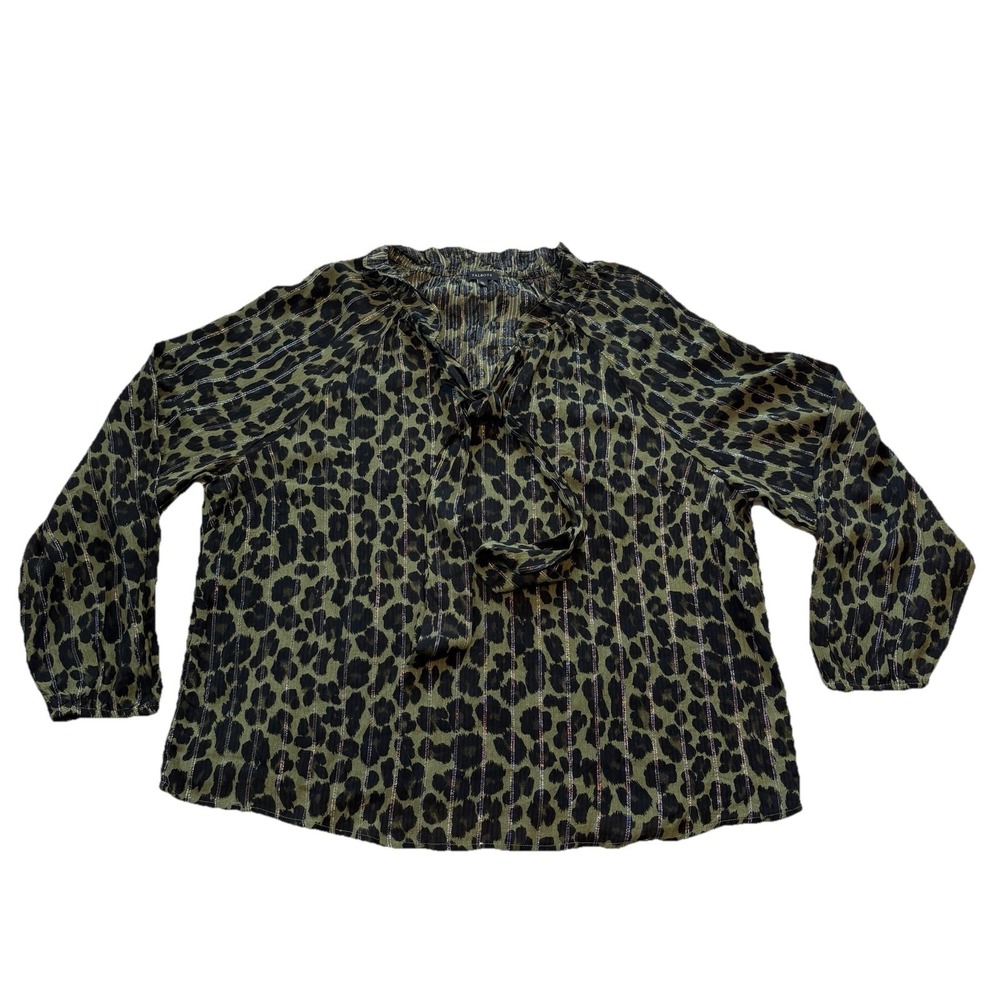 Talbots TIE NECK TOP Women Size XL OPULENT OCELOT Black Olive Green Long Sleeve